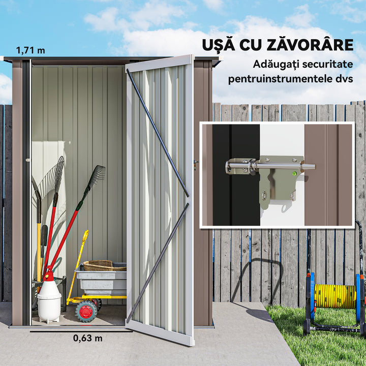 Abrigo de Jardim 1,07? 142x84x189 cm Abrigo de Armazenamento Galvanizado Abrigo de Ferramentas com Teto Inclinado e Porta para Varanda Exterior Marrom