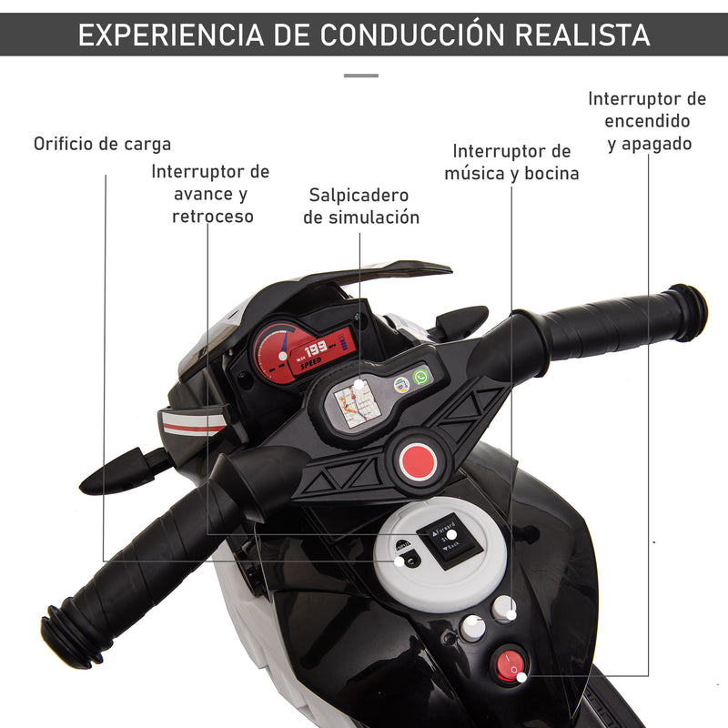 Motocicleta Elétrica Infantil com 3 Rodas Triciclo para Crianças acima de 3 anos com Bateria 6V Recarregável Funções de Música Buzina Faróis 86x42x52cm Preto e Branco