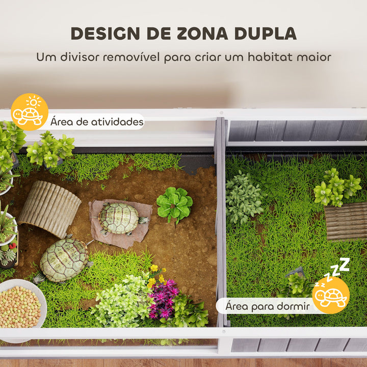 Casa para Tartarugas em Madeira Terrário para Répteis com 2 Tetos Articulados Bandeja Removível Suporte para Lâmpada Painéis Transparentes Trinco de Segurança e Tigela 104x53x82 cm Branco e Cinza