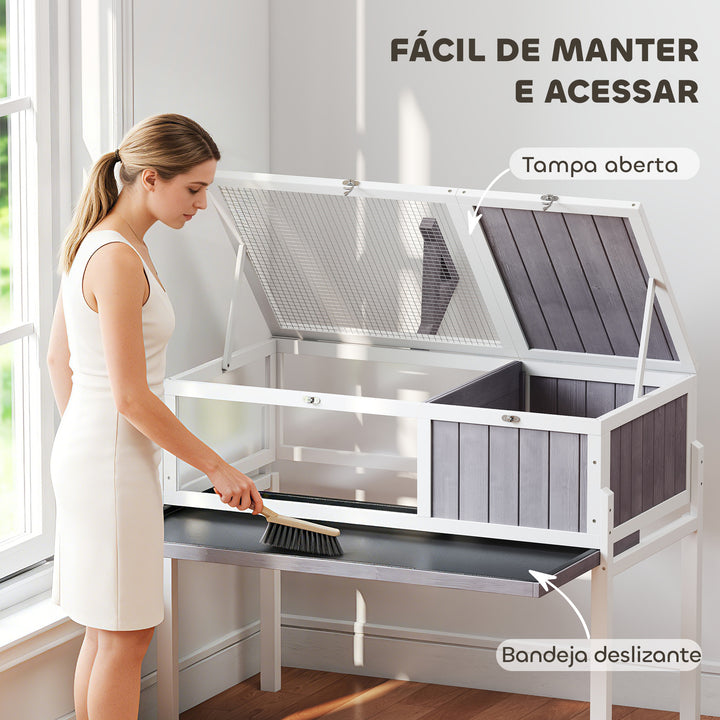 Casa para Tartarugas em Madeira Terrário para Répteis com 2 Tetos Articulados Bandeja Removível Suporte para Lâmpada Painéis Transparentes Trinco de Segurança e Tigela 104x53x82 cm Branco e Cinza