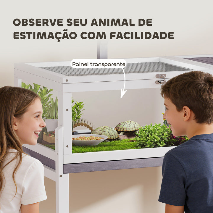 Casa para Tartarugas em Madeira Terrário para Répteis com 2 Tetos Articulados Bandeja Removível Suporte para Lâmpada Painéis Transparentes Trinco de Segurança e Tigela 104x53x82 cm Branco e Cinza