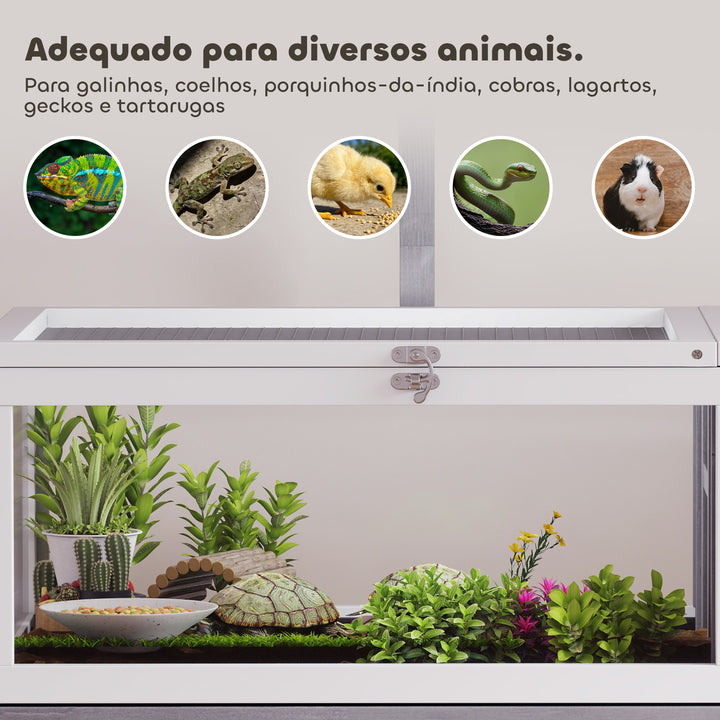 Casa para Tartarugas em Madeira Terrário para Répteis com 2 Tetos Articulados Bandeja Removível Suporte para Lâmpada Painéis Transparentes Trinco de Segurança e Tigela 104x53x82 cm Branco e Cinza