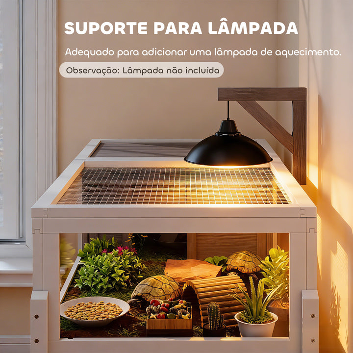 Casa para Tartarugas em Madeira Terrário para Répteis com 2 Tetos Articulados Bandeja Removível Suporte para Lâmpada Painéis Transparentes Trinco de Segurança e Tigela 104x53x82 cm Branco e Cinza