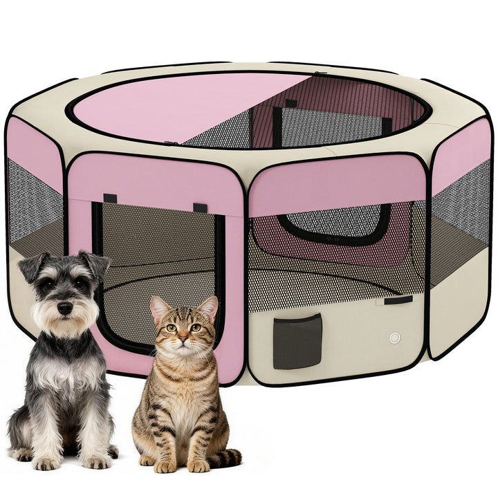Parque Dobrável para Cães e Gatos Cercado Portátil para Animais Pequenos em Tecido Oxford Impermeável com 2 Portas Interior e Exterior Ø120x58 cm Rosa