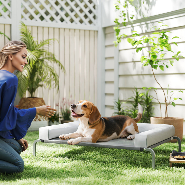 Cama Elevada para Cães com Latertais Amovíveis Cama Elevada para Cães Médios Portátil com Malha Respirável Estrutura de Aço para Interior e Exterior 130x90x30 cm Cinza Claro