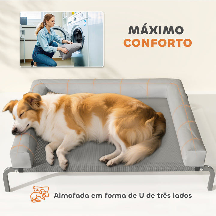 Cama Elevada para Cães com Latertais Amovíveis Cama Elevada para Cães Médios Portátil com Malha Respirável Estrutura de Aço para Interior e Exterior 130x90x30 cm Cinza Claro