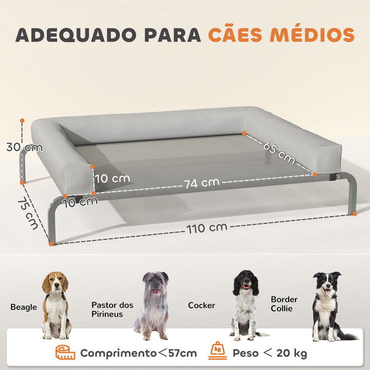 Cama Elevada para Cães com Latertais Amovíveis Cama Elevada para Cães Médios Portátil com Malha Respirável Estrutura de Aço para Interior e Exterior 130x90x30 cm Cinza Claro