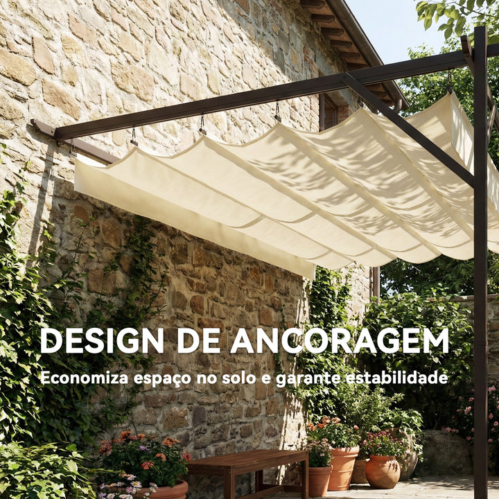 Pérgola de Jardim Adossada 3x3 m Pérgola Exterior com Telhado Retrátil Proteção UPF30+ Orifícios de Drenagem e Estrutura Metálica Ideal para Terraço Pátio Cor Creme