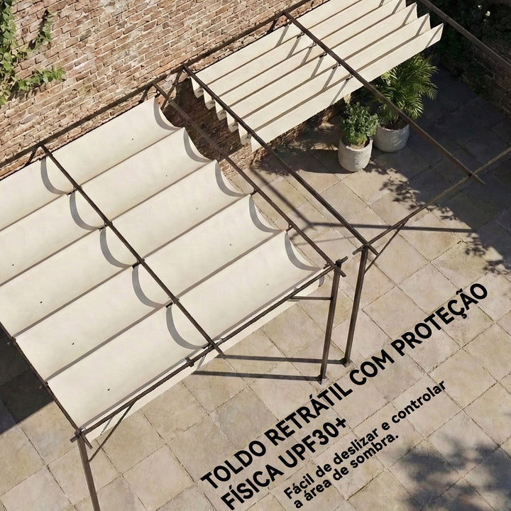 Pérgola de Jardim Adossada 3x3 m Pérgola Exterior com Telhado Retrátil Proteção UPF30+ Orifícios de Drenagem e Estrutura Metálica Ideal para Terraço Pátio Cor Creme