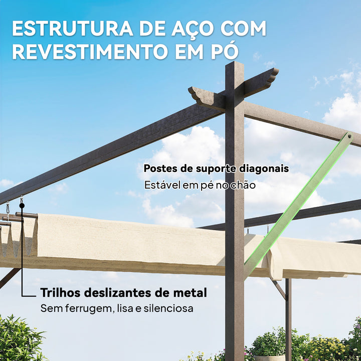 Pérgola de Jardim Adossada 3x3 m Pérgola Exterior com Telhado Retrátil Proteção UPF30+ Orifícios de Drenagem e Estrutura Metálica Ideal para Terraço Pátio Cor Creme