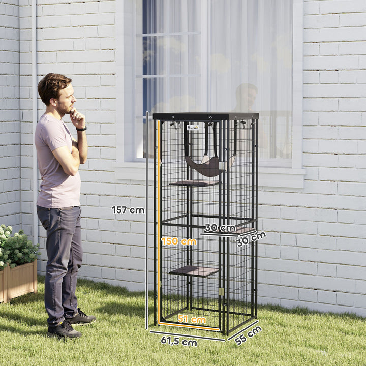 Gaiola para Gatos para Exterior e Interior Recinto para Gatos com Cobertura Impermeável 3 Plataformas Rede Suspensa Almofadas e Porta para 1-2 Gatos 61,5x55x157 cm Preto