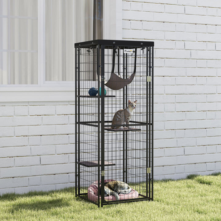 Gaiola para Gatos para Exterior e Interior Recinto para Gatos com Cobertura Impermeável 3 Plataformas Rede Suspensa Almofadas e Porta para 1-2 Gatos 61,5x55x157 cm Preto