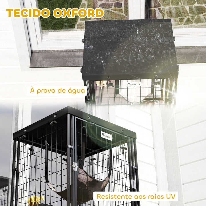 Gaiola para Gatos para Exterior e Interior Recinto para Gatos com Cobertura Impermeável 3 Plataformas Rede Suspensa Almofadas e Porta para 1-2 Gatos 61,5x55x157 cm Preto