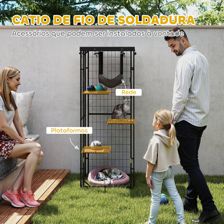 Gaiola para Gatos para Exterior e Interior Recinto para Gatos com Cobertura Impermeável 3 Plataformas Rede Suspensa Almofadas e Porta para 1-2 Gatos 61,5x55x157 cm Preto