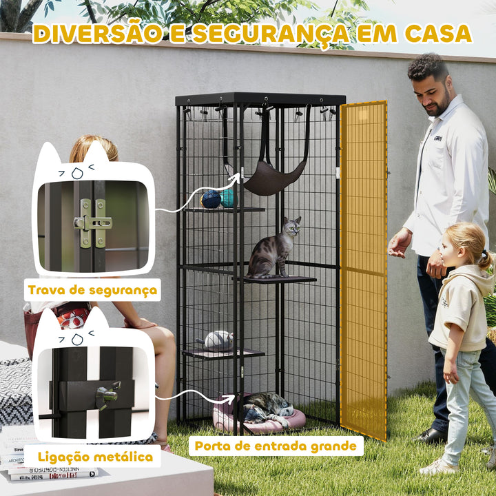 Gaiola para Gatos para Exterior e Interior Recinto para Gatos com Cobertura Impermeável 3 Plataformas Rede Suspensa Almofadas e Porta para 1-2 Gatos 61,5x55x157 cm Preto