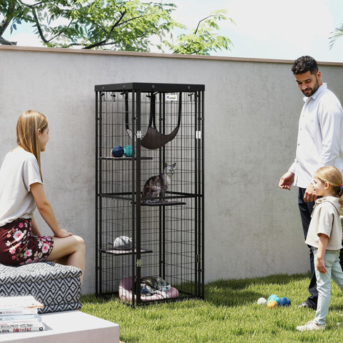 Gaiola para Gatos para Exterior e Interior Recinto para Gatos com Cobertura Impermeável 3 Plataformas Rede Suspensa Almofadas e Porta para 1-2 Gatos 61,5x55x157 cm Preto