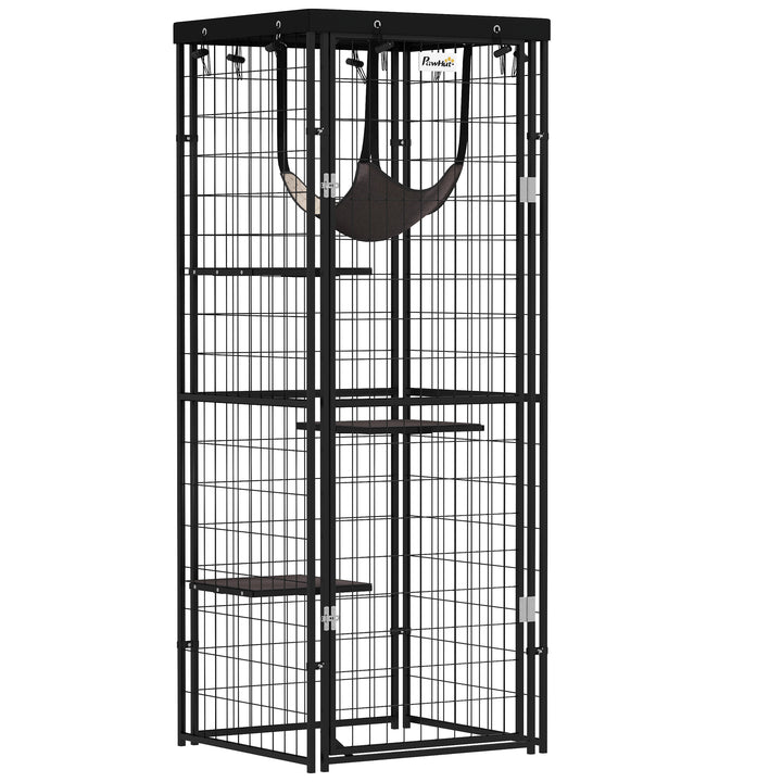 Gaiola para Gatos para Exterior e Interior Recinto para Gatos com Cobertura Impermeável 3 Plataformas Rede Suspensa Almofadas e Porta para 1-2 Gatos 61,5x55x157 cm Preto