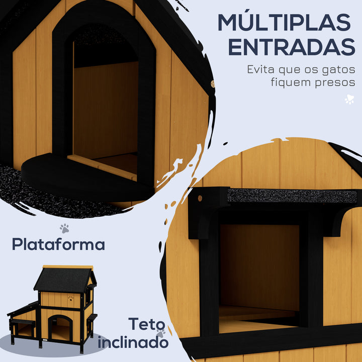 Casa para Gatos de Madeira com Suporte para Flores 96x65x85,5 cm Casa para Gatos de 2 Níveis com Teto Asfáltico Janela e Múltiplas Entradas Madeira e Preto