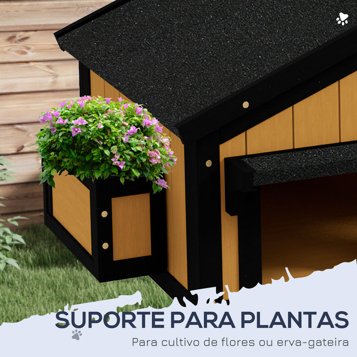 Casa para Gatos de Madeira com Suporte para Flores 96x65x85,5 cm Casa para Gatos de 2 Níveis com Teto Asfáltico Janela e Múltiplas Entradas Madeira e Preto