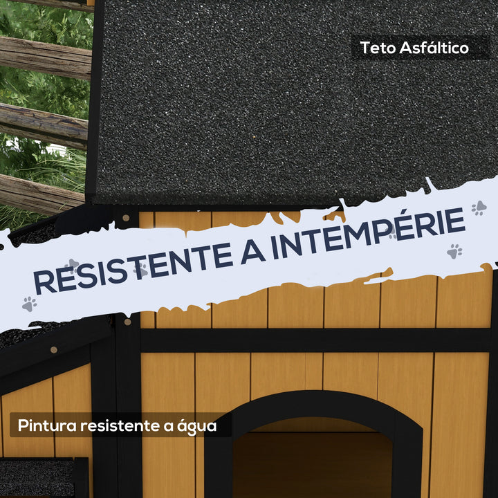 Casa para Gatos de Madeira com Suporte para Flores 96x65x85,5 cm Casa para Gatos de 2 Níveis com Teto Asfáltico Janela e Múltiplas Entradas Madeira e Preto