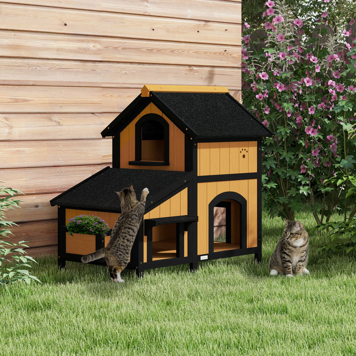 Casa para Gatos de Madeira com Suporte para Flores 96x65x85,5 cm Casa para Gatos de 2 Níveis com Teto Asfáltico Janela e Múltiplas Entradas Madeira e Preto