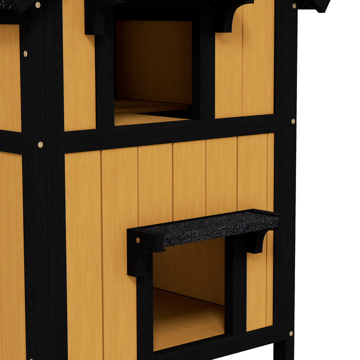Casa para Gatos de Madeira com Suporte para Flores 96x65x85,5 cm Casa para Gatos de 2 Níveis com Teto Asfáltico Janela e Múltiplas Entradas Madeira e Preto
