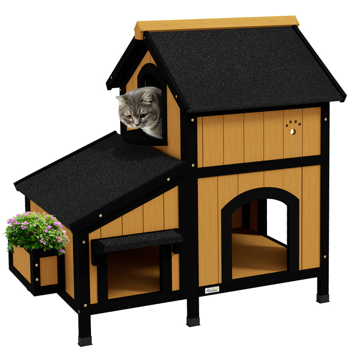 Casa para Gatos de Madeira com Suporte para Flores 96x65x85,5 cm Casa para Gatos de 2 Níveis com Teto Asfáltico Janela e Múltiplas Entradas Madeira e Preto