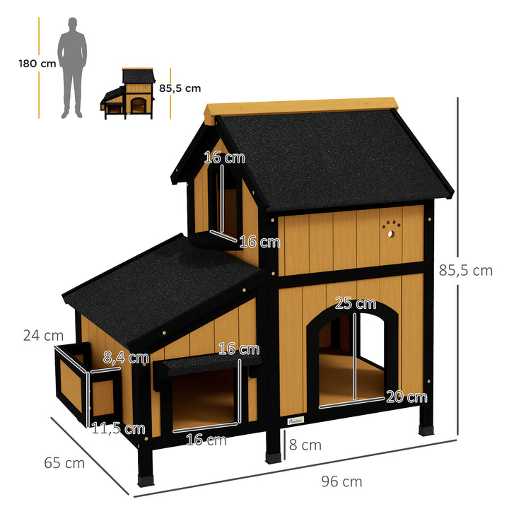 Casa para Gatos de Madeira com Suporte para Flores 96x65x85,5 cm Casa para Gatos de 2 Níveis com Teto Asfáltico Janela e Múltiplas Entradas Madeira e Preto