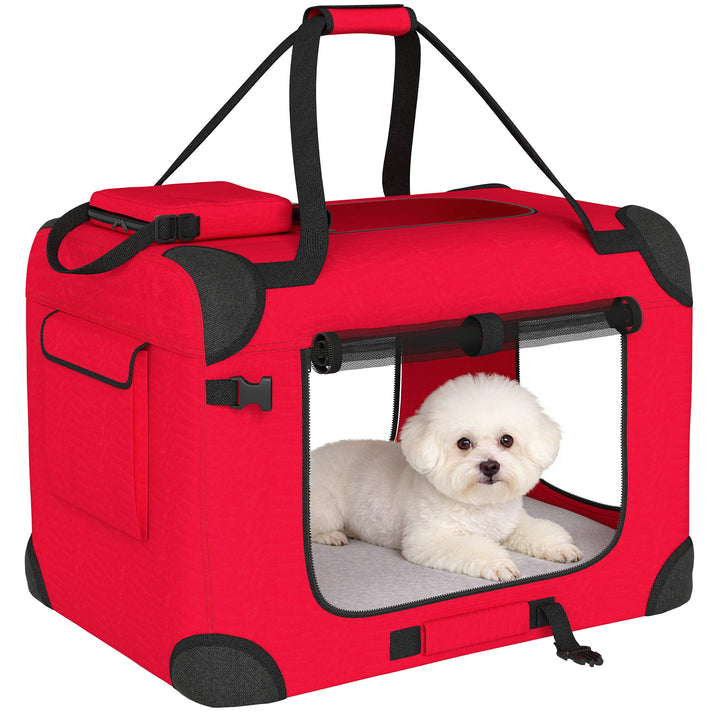 Transportadora Dobrável para Cães 60x41,5x41 cm com Janelas de Rede Almofada Macia e 2 Alças Bolsa para Mini Cães e Gatos Vermelho