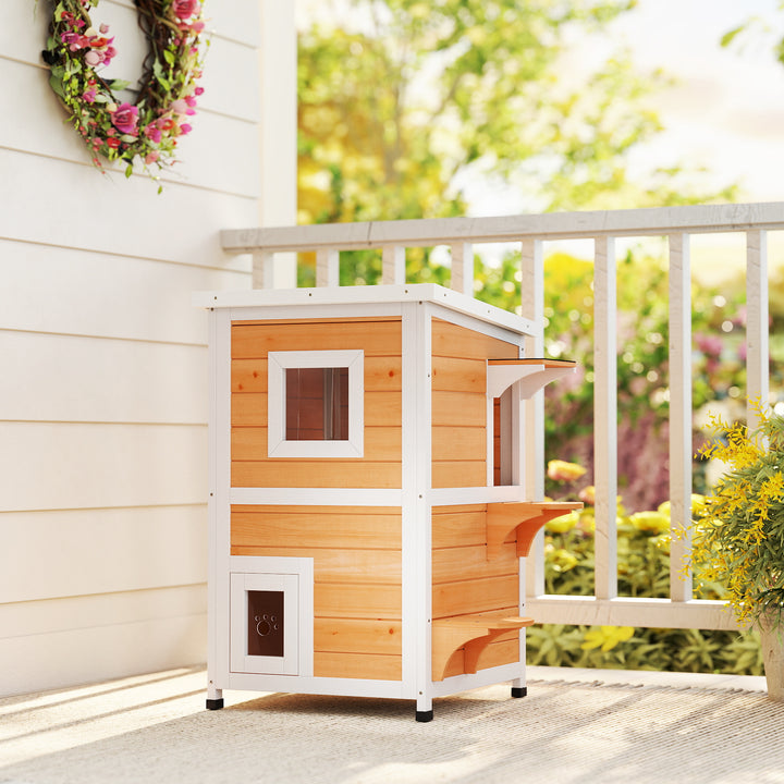 Casa para Gatos Exterior em Madeira 2 Níveis com Telhado Basculante Painel Central Removível Janelas Portas para Terraço Varanda Jardim 51x51x81,3 cm Madeira