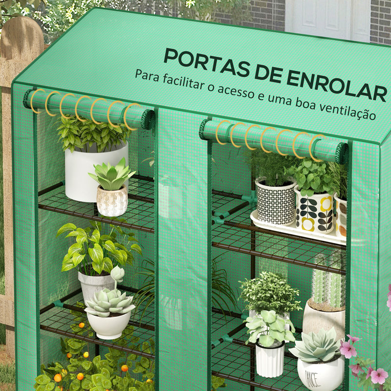 Estufa de Jardim de 3 Níveis Estufa de Terraço com Prateleiras Teto Inclinado e 2 Portas com Fecho de Correr para Cultivo de Plantas em Pátio 143x46x141/151 cm Verde