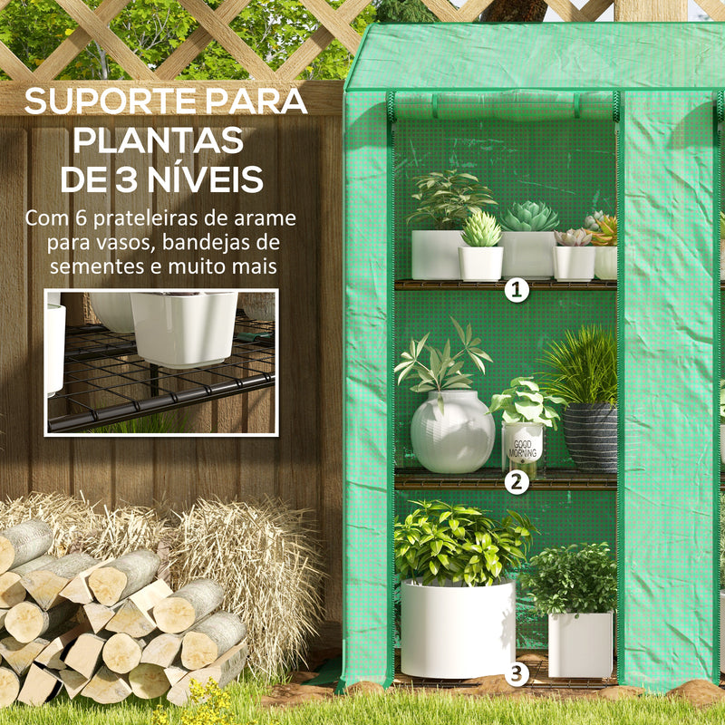 Estufa de Jardim de 3 Níveis Estufa de Terraço com Prateleiras Teto Inclinado e 2 Portas com Fecho de Correr para Cultivo de Plantas em Pátio 143x46x141/151 cm Verde