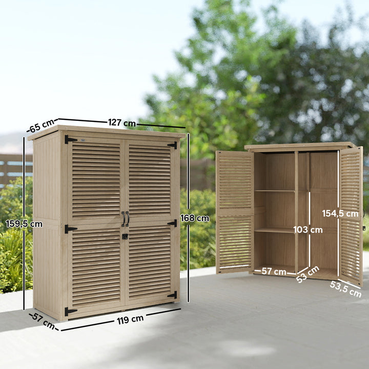Armário de Jardim de Madeira 0,83 m² 127x65x168 cm Armário Exterior de Madeira com 2 Portas de Persiana 2 Prateleiras 2 Alças e Telhado Impermeável Natural