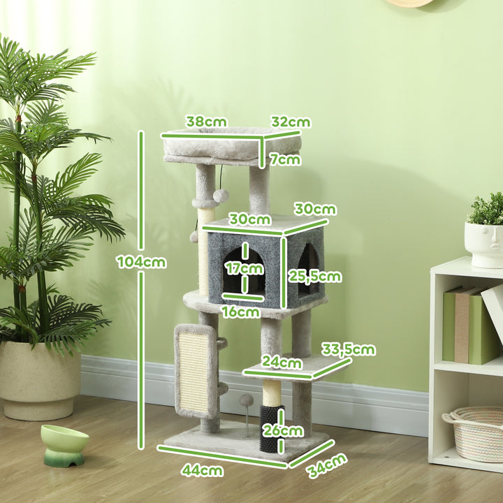 Arranhador para Gatos Grande Altura 104 cm Arranhador para Gatos com Plataformas Postes com Escova Bolas Suspensas e Almofadas para Arranhar Cinza
