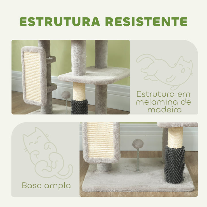 Arranhador para Gatos Grande Altura 104 cm Arranhador para Gatos com Plataformas Postes com Escova Bolas Suspensas e Almofadas para Arranhar Cinza