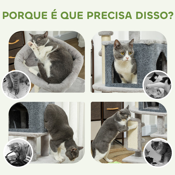 Arranhador para Gatos Grande Altura 104 cm Arranhador para Gatos com Plataformas Postes com Escova Bolas Suspensas e Almofadas para Arranhar Cinza