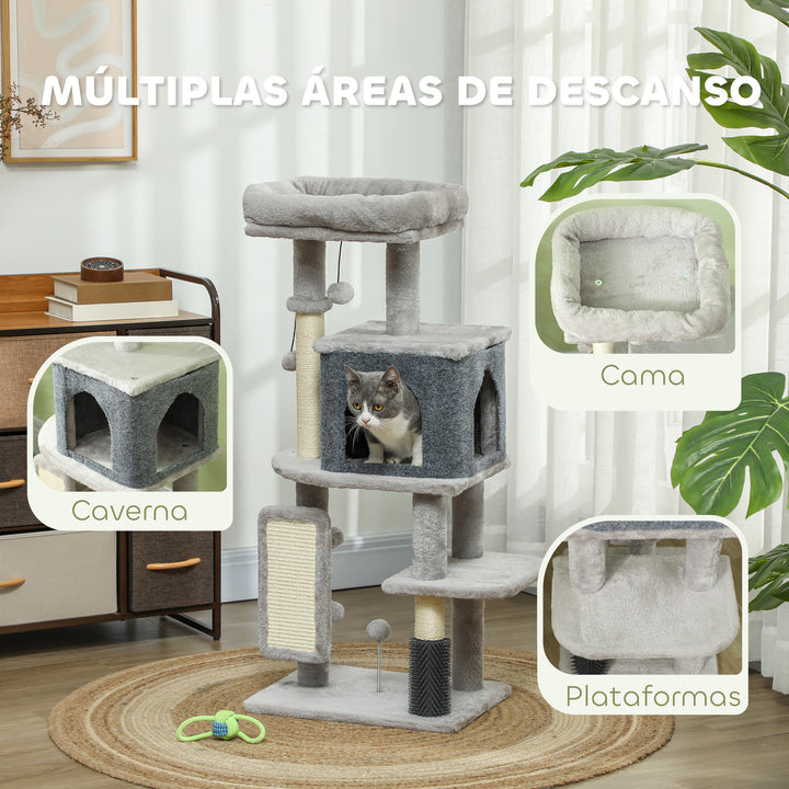Arranhador para Gatos Grande Altura 104 cm Arranhador para Gatos com Plataformas Postes com Escova Bolas Suspensas e Almofadas para Arranhar Cinza