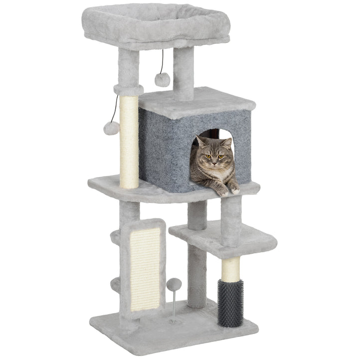 Arranhador para Gatos Grande Altura 104 cm Arranhador para Gatos com Plataformas Postes com Escova Bolas Suspensas e Almofadas para Arranhar Cinza