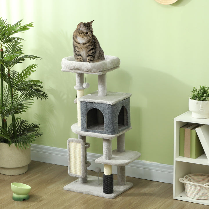 Arranhador para Gatos Grande Altura 104 cm Arranhador para Gatos com Plataformas Postes com Escova Bolas Suspensas e Almofadas para Arranhar Cinza