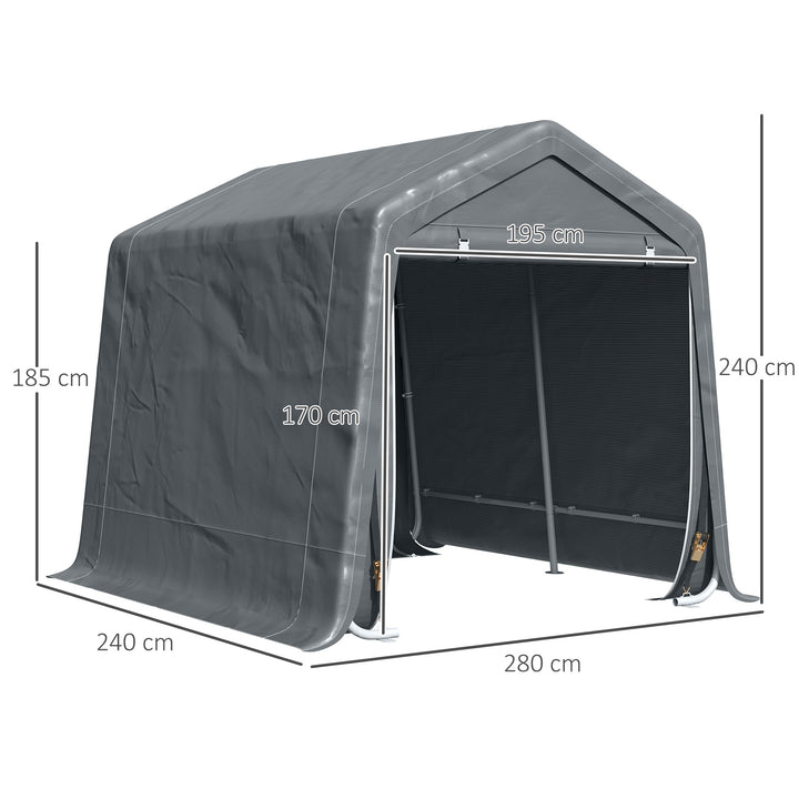 Abrigo de Exterior para Ferramentas Bicicleta 2,8x2,4x2,4 m Abrigo de Armazenamento com 2 Portas com Fecho de Correr Impermeável Anti-UV para Jardim Cinza