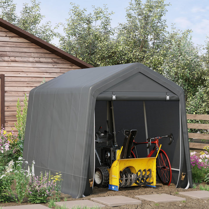 Abrigo de Exterior para Ferramentas Bicicleta 2,8x2,4x2,4 m Abrigo de Armazenamento com 2 Portas com Fecho de Correr Impermeável Anti-UV para Jardim Cinza