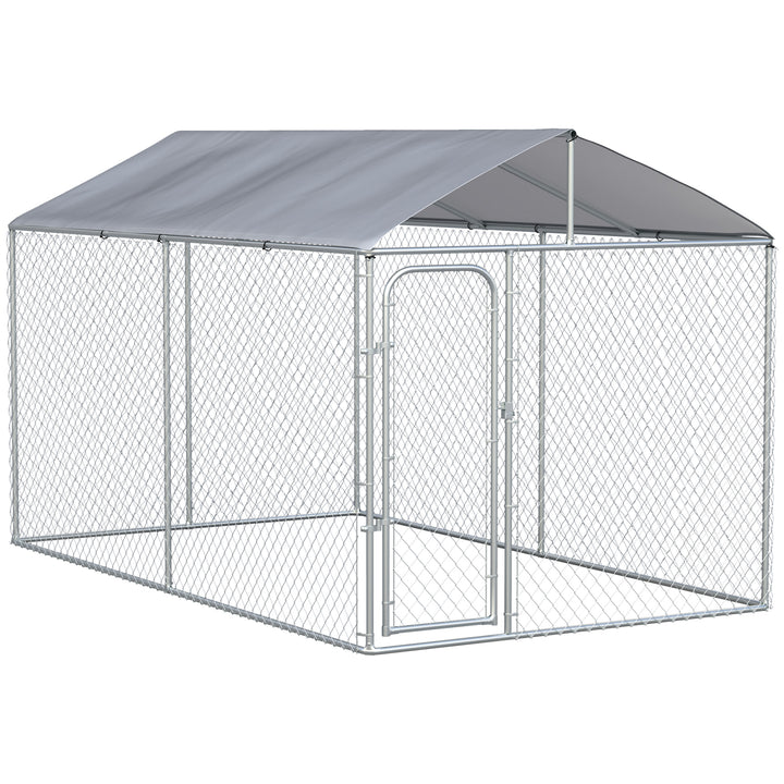 Canil de Exterior com Toldo Anti-UV Recinto para Cães com Porta com Trava e Estrutura de Metal Galvanizado para Pátio Jardim 4x2,3x2,32 cm Prata