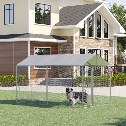 Canil de Exterior com Toldo Anti-UV Recinto para Cães com Porta com Trava e Estrutura de Metal Galvanizado para Pátio Jardim 4x2,3x2,32 cm Prata
