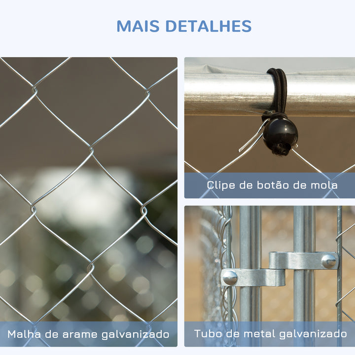 Canil de Exterior com Toldo Anti-UV Recinto para Cães com Porta com Trava e Estrutura de Metal Galvanizado para Pátio Jardim 4x2,3x2,32 cm Prata