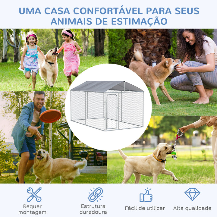 Canil de Exterior com Toldo Anti-UV Recinto para Cães com Porta com Trava e Estrutura de Metal Galvanizado para Pátio Jardim 4x2,3x2,32 cm Prata
