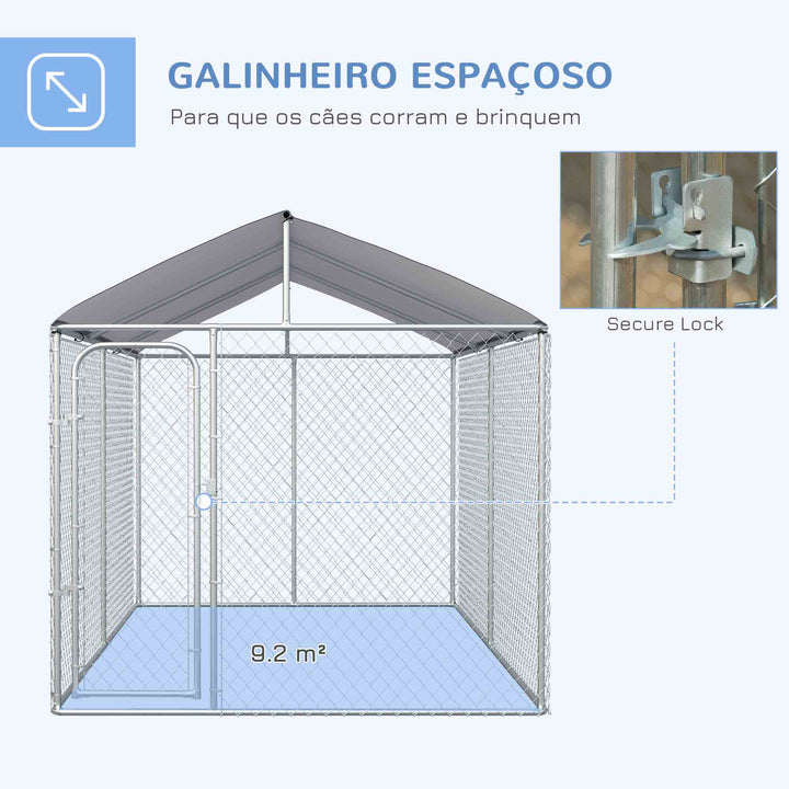 Canil de Exterior com Toldo Anti-UV Recinto para Cães com Porta com Trava e Estrutura de Metal Galvanizado para Pátio Jardim 4x2,3x2,32 cm Prata