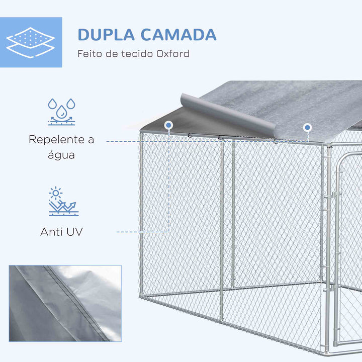 Canil de Exterior com Toldo Anti-UV Recinto para Cães com Porta com Trava e Estrutura de Metal Galvanizado para Pátio Jardim 4x2,3x2,32 cm Prata