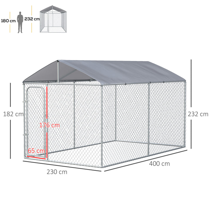 Canil de Exterior com Toldo Anti-UV Recinto para Cães com Porta com Trava e Estrutura de Metal Galvanizado para Pátio Jardim 4x2,3x2,32 cm Prata
