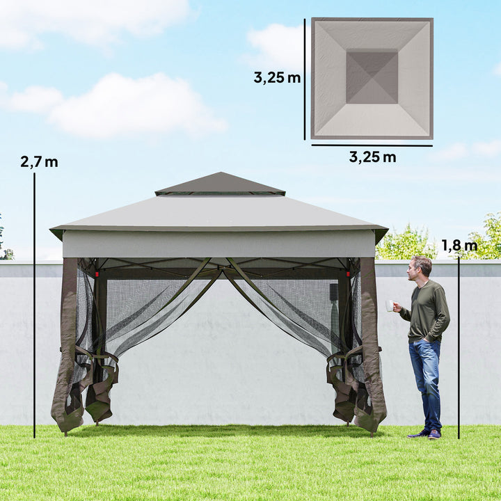 Tenda Dobrável Exterior 325x325x270 cm Tenda de Jardim com Teto Duplo Rede Mosquiteira Amovível e Bolsa de Transporte para Jardim Pátio Cinza