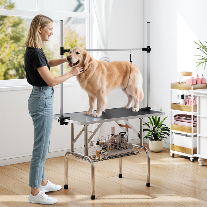 Mesa de Tosquia para Animais de Estimação Mesa de Tosquia para Cães Dobrável com Prateleira de Armazenamento Estrutura de Aço e Altura Ajustável 20-80 cm 107x60x170 cm Preto
